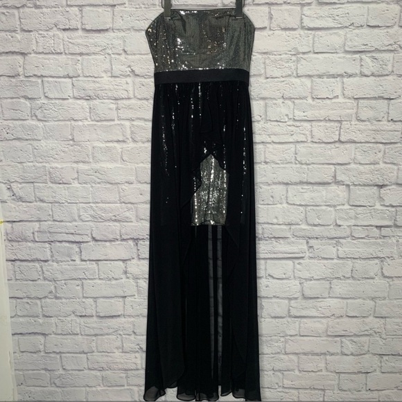 Aidan Mattox Silver And Black High Low Chiffon Overlay Sequin Sleeveless Dress - Picture 4 of 14